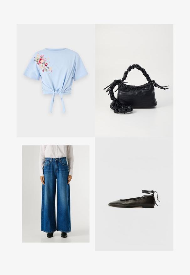 Šviesiai mėlyna trumpa marškinė su apvalia iškirpte ir trumpomis rankovėmis, kurių kairėje pusėje yra rožių siuvinėjimas rožinės ir geltonos spalvų, taip pat knot spaudimas.; Mėlynos plačios kojų džinsai su aukštu liemeniu, pagaminti iš džinsinio audinio, turi priekines kišenes ir mygtuko užsegimą. Sklandus tekstūra su klasikinėmis plovimo detalėmis.; Juodi odiniai balerinų bateliai su smailiu pirštu, kulkšnies raiščiu ir plokščiu padu, pasižymintys lygiu paviršiumi ir minimalizmo dizainu.; Juodas dirbtinės odos rankinė su krokodilo tekstūra, sušnibždinta viršuje ir susikraipytu dirželiu. Atrodo minkšta ir kompaktiška.