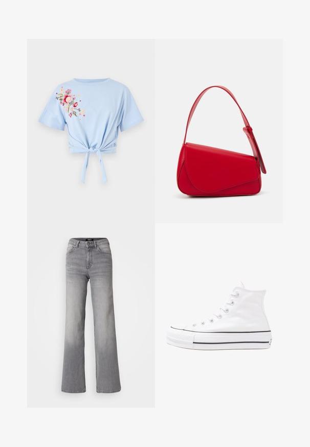 Maglietta cropped blu chiaro con scollatura rotonda e maniche corte, caratterizzata da ricami floreali in rosa e giallo sul lato sinistro e un dettaglio annodato.; Jeans a gamba larga grigio chiaro con vita alta, design classico a cinque tasche, chiusura con bottone e leggera scoloritura su tutto il capo.; Sneaker alta in tela bianca con suola in gomma nera, punta in gomma frontale e sei asole per i lacci, caratterizzata da un design pulito e minimalista.; Borsa a tracolla in pelle rossa con un design angolare e geometrico. Presenta una singola tracolla regolabile e una chiusura a patta con dettagli cuciti.