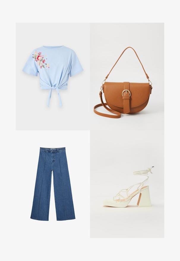 Jasnoniebieski krótki t-shirt z okrągłym dekoltem i krótkimi rękawami, z kwiatowym haftem w odcieniach różu i żółci po lewej stronie oraz szczegółem w postaci związania w supeł.; Jeans typu wide-leg w średnim niebieskim kolorze, z wysokim stanem, zapięciem na guziki oraz kontrastowymi szwami pionowymi z przodu.; Biała sandał na wysokim obcasie z masywnym słupkiem, z paskowym wzorem i wiązaniem przy kostce. Gładka faktura z platformą z przodu dla dodatkowej wysokości.; Brązowa skórzana torba na ramię o zaokrąglonym kształcie, ze złotymi akcentami i zapięciem w formie klamry. Posiada odpinany pasek na ramię.