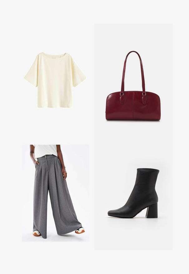 Cream cotton T-shirt, cropped design, wide short sleeves, round neckline, plain with smooth texture, no visible patterns or accents.; Gray wide-leg trousers with a pleated design, fabric texture, two buttons at the waist, and side pockets. Paired with white and orange sneakers.; Black ankle boot made of smooth leather with a pointed toe and a thick, rectangular heel. Features a stitched top edge for added detail.; Zign LEATHER - Handbag - dark red