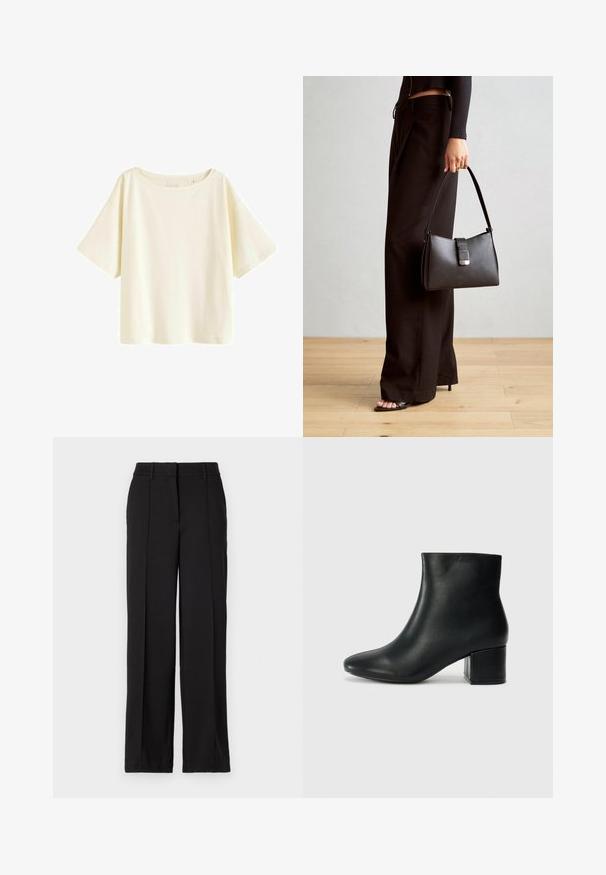 T-shirt in cotone crema, design cropped, maniche corte ampie, scollatura rotonda, tinta unita con texture liscia, senza motivi o accenti visibili.; Pantaloni neri con design a gamba dritta, caratterizzati da due pieghe frontali, una vita e senza tasche o decorazioni visibili.; Stivali neri in pelle fino alla caviglia con punta appuntita e tacco spesso. Texture liscia con minimi dettagli e un design elegante e aderente.; Borsa nera con forma strutturata, texture liscia e una chiusura metallica. Abbinata a pantaloni neri larghi e sandali open-toe su un pavimento in legno.