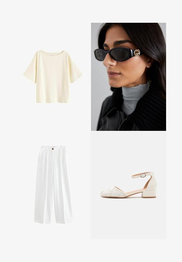 T-shirt in cotone crema, design cropped, maniche corte ampie, scollatura rotonda, tinta unita con texture liscia, senza motivi o accenti visibili.; Pantaloni bianchi a gamba larga realizzati in tessuto leggero. Presentano una chiusura con bottone, due tasche laterali e una vestibilità comoda.; Scarpa bianca con cinturino alla caviglia in pizzo, con tacco basso e spesso e design a punta. Fodera interna liscia, parte superiore in pizzo texturizzato e dettaglio della fibbia.; Occhiali da sole neri con una montatura rettangolare elegante e un accento del logo dorato sul lato. Le lenti scure e la finitura lucida sono evidenti.