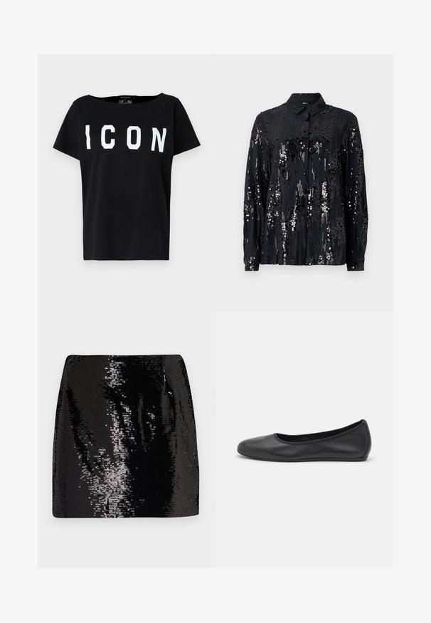 Svart bomull T-skjorte med bred utringning og korte ermer. Fete hvite "ICON" bokstaver på forsiden. Enfarget bakside. Myk tekstur.; Svart skjorte med knapper laget av stoff dekorert med paljetter, med krage og lange ermer, med et skinnende, teksturert mønster.; Svart paljett mini-skjørt med en tettsittende design, høy midje og glansfull tekstur, med reflekterende overflatdetaljer og en slank silhuett.; Svart skinnballettflatt med rund tå, glatt tekstur, minimal sømdetalj, og et fleksibelt såledesign.