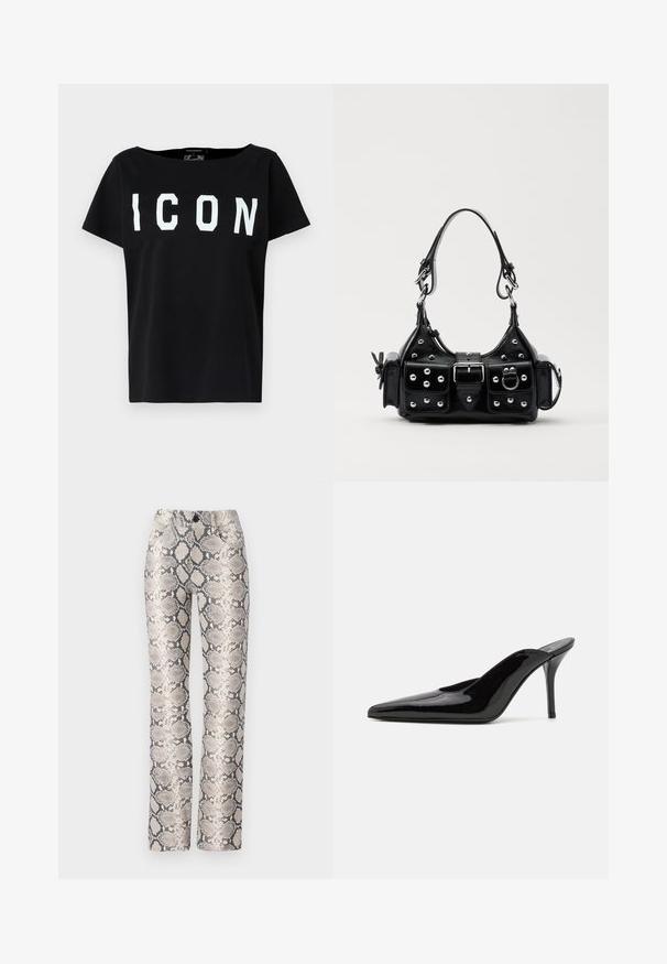 Zwarte katoenen T-shirt met een brede halslijn en korte mouwen. Dikke witte "ICON" letters op de voorkant. Effen achterkant. Zachte textuur.; Slangenprint broek in een beige en grijze kleurstelling. Rechte pijp design met een gestructureerde afwerking en voorzakken. Beschikt over een knoopsluiting.; Zwarte gepatineerde leren hoge hak muiltjes met een spitse neus en een slanke silhouet, met een open achterkant en een slanke stilettohak.; Zwarte lederen handtas met een gebogen ontwerp, voorzien van zilveren studs, een gesp en twee zijvakken. Verstelbare schouderband voor verschillende draagmogelijkheden.