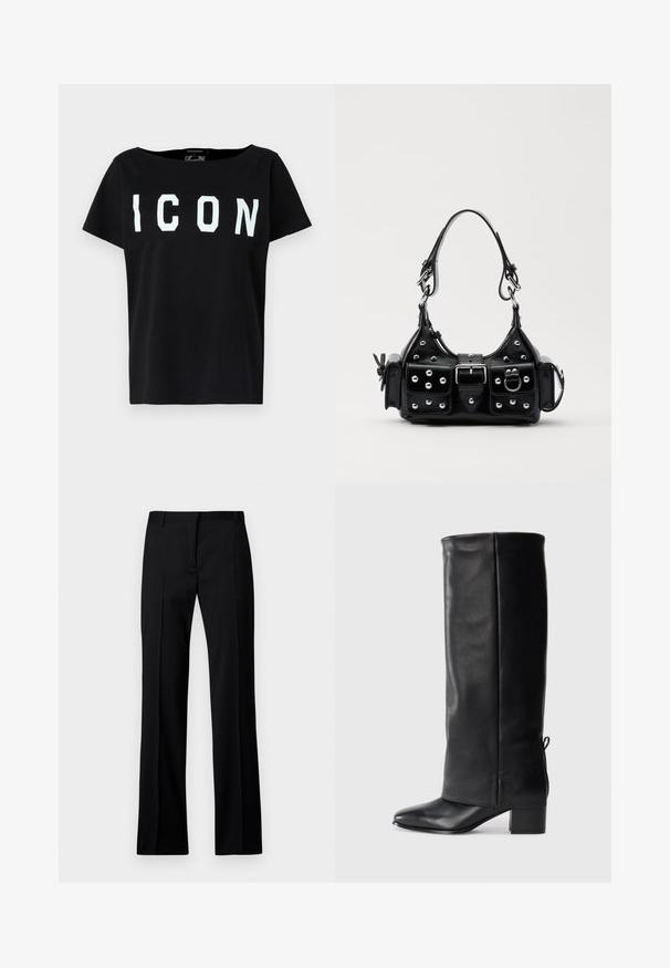 Crna pamučna majica s širokim izrezom i kratkim rukavima. Podebljano bijelo slovo "ICON" sprijeda. Jednostavna stražnja strana. Mekana tekstura.; Crne ravne hlače od glatke tkanine, s ravnim prednjim dijelom, petljama za remen i bez vidljivih džepova ili ukrasa.; Crne kožne čizme do koljena s glatkom površinom, četvrtastim vrhom, blok petom i detaljem za vezanje sa strane koji omogućuje prilagodbu veličine.; Crna kožna torba s zakrivljenim dizajnom, koja sadrži srebrne zakovice, kopču i dva bočna džepa. Podesiva traka za različite opcije nošenja.