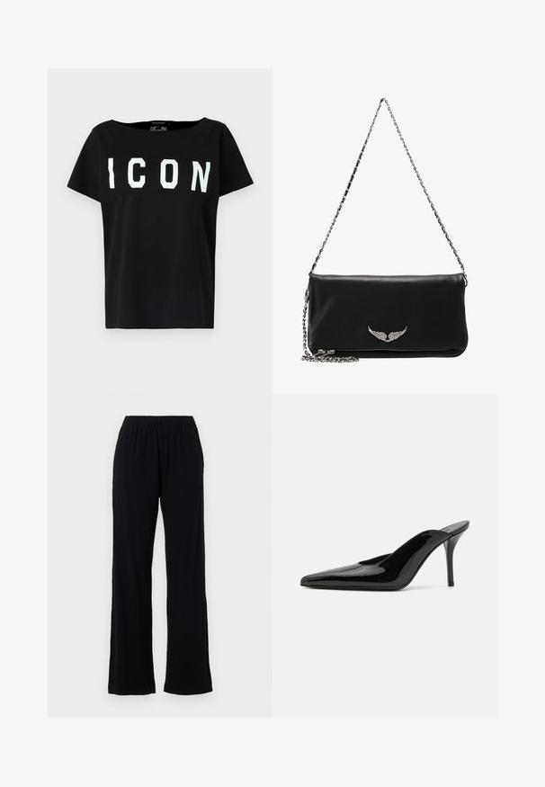 Črna bombažna majica s širokim izrezom in kratkimi rokavi. Na sprednji strani je odvažna bela oznaka "ICON". Hrbtna stran je brez vzorca. Mehka tekstura.; Črne, lahke, elastične hlače z ravnim krojem. Mehka tekstura brez vidnih vzorcev ali dodatkov. Preprost in vsestranski slog.; Črne patentirane čevlje s peto, z usko silhueto in koničastim nosom, z odprtim hrbtom in vitko stiletto peto.; Črna usnjena torbica s srebrnim verižnim ročajem, na sprednji strani s simbolom peresa, gladke teksture in z zadrgo na dnu.