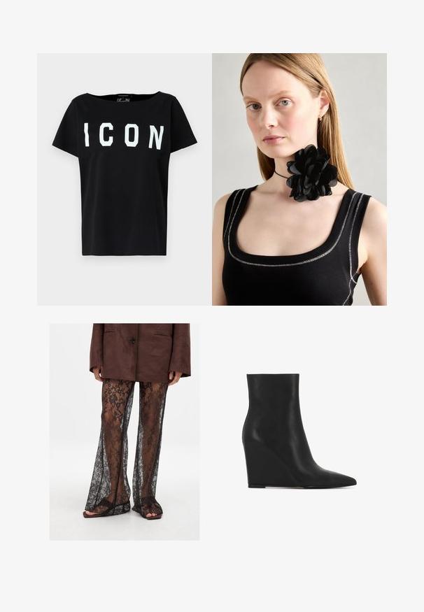 T-shirt en coton noir avec un large col et des manches courtes. Grand lettrage blanc "ICON" à l'avant. Dos uni. Texture douce.; Pantalons évasés en dentelle noire avec un motif floral, texture transparente et ouvertures larges, associés à des sandales à glissière marron.; Bottines à talon noir en cuir texturé ; dotées d'un bout pointu et d'un design lisse et élégant avec une silhouette galbée.; Collier en choker de fleurs noires composé de pétales superposés, porté avec un débardeur à côtes noir présentant des accents en argent le long de l'encolure et des épaules.