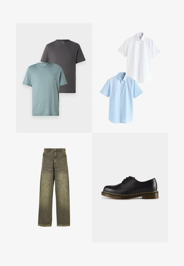 Două tricouri cu guler rotund în culori diferite: unul teal deschis și unul gri închis. Ambele au mâneci scurte și o textură netedă din bumbac.; Două cămăși cu mânecă scurtă: una albă și una albastru deschis. Ambele au deschidere cu nasturi, guler, țesătură de bumbac fin și croială standard.; Jeans cu picioare largi din denim verde măsliniu, prezentând accente de cusături curbe, închidere cu buton clasic și un finisaj ușor decolorat.; Pantof de piele neagră cu vârful rotunjit, design cu șireturi, cusătură galbenă de-a lungul tălpii și o talpă din cauciuc texturat, masivă.