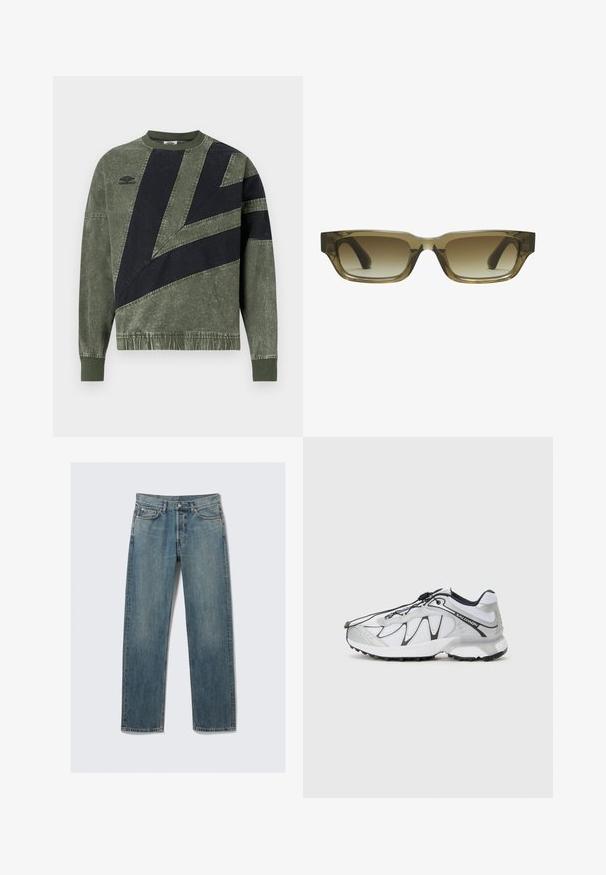 Sudadera de manga larga en verde y negro con bloques de color, con puños y cuello acanalados, que presenta el logo de Umbro en el lado izquierdo del pecho.; Jeans de mezclilla azul de pierna recta con bolsillos delanteros y de moneda, pasadores para cinturón y cierre de botón metálico sobre un fondo liso.; Zapatillas deportivas blancas con parte superior de malla, detalles en negro, suela de goma texturizada y sistema de cordones elásticos. Ligeras y con un diseño moderno.; Gafas de sol con degradado marrón, de forma rectangular, con montura gruesa y robusta, y varillas negras. El material transparente marrón añade dimensión.
