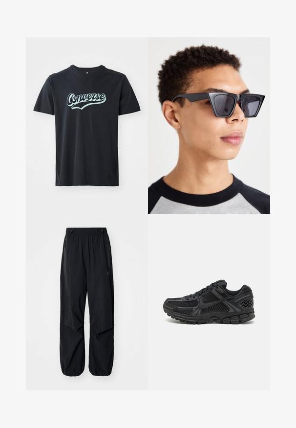 Schwarzes Baumwoll-T-Shirt mit türkisfarbenem "Converse"-Logo, Rundhalsausschnitt und kurzen Ärmeln, mit glatter Textur.; Schwarze leichte Cargo-Hosen mit elastischem Bund, seitlichen Reißverschlüssen und geräumigen Taschen. Bietet eine lockere Passform und tapered Bündchen.; Schwarzer Sportschuh mit mesh-Obermaterial, Gummisohle und strukturierten Akzenten. Das Design umfasst ein ausgeprägtes Schnürsystem und eine gepolsterte Sohle.; Schwarze, eckige Sonnenbrille mit dunklen Gläsern, die ein mutiges geometrisches Design und ein mattes Finish aufweist. Getragen von einer Person mit kurzer Frisur.