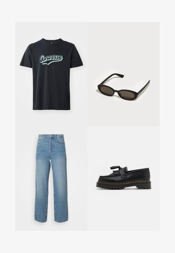 Juodas medvilninis marškinėliai su turkio spalvos „Converse“ logotipu, apvalia iškirpte ir trumpomis rankovėmis, su lygiu paviršiumi.; Svetlų mėlynumo džinsai su aukštu liemeniu, plačiais kojomis ir subtiliu išblukimu. Savybės: priekinės kišenės ir užtrauktuko uždarymas.; Juodas odinis loaferis su kutais, turintis masyvų juodą pado ir geltonus siūlus palei kraštą. Textūruota danga.; Juodos saulės akiniai su ovaliomis, pusiau rėminėmis lęšiais. Blizgūs rėmeliai ir elegantiškos rankenos. Tamsiai tonuoti lęšiai su minimaliais aparatūros akcentais.