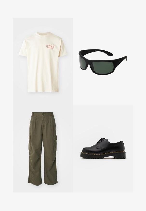 T-shirt de algodão colorido creme com mangas curtas, gola redonda, e texto gráfico vermelho "OBEY MCMLXXXIX" impresso na frente.; Calças cargo em verde oliva, feitas de algodão, com um design de perna larga, pregas e bolsos laterais para utilidade.; Sapato de pele preta com atacadores, bico arredondado, sola de borracha texturizada e costura amarela à volta da base. Design plano e acabamento liso.; Óculos de sol envolventes pretos com lentes verde-escuras. Acabamento matte, design curvo, com hastes retas e uma marcação sutil de lado.; Conjunto de sete anéis de prata com vários designs, incluindo padrões torcidos, entrelaçados e gravados. Diferentes formas e larguras.