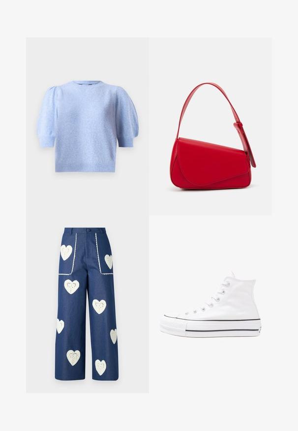 Light blue short-sleeve sweater with a round neckline, textured finish, and puffed sleeves. Ribbed trim at sleeves and hem.; Sister Jane HEART TO HEART - Straight leg jeans - blue denim; White high-top canvas sneaker with black rubber sole, front rubber toe cap, and six eyelets for laces, featuring a clean, minimalist design.; Red leather handbag with an angular, geometric design. Features a single adjustable strap and a flap closure with stitched detailing.