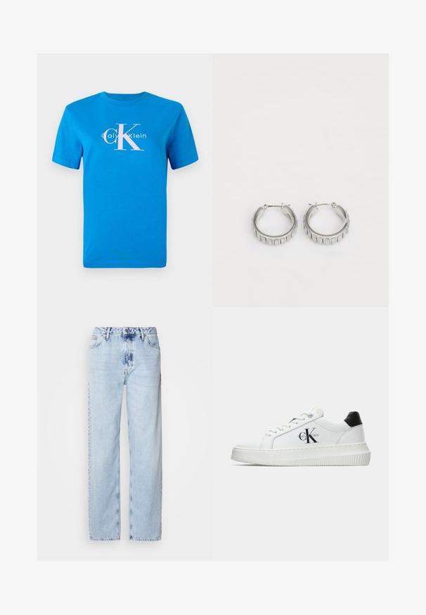 Modrá bavlněná tričko s krátkým rukávem, se bílým logem Calvin Klein a velkou růžovou grafikou "CK" umístěnou ve středu na přední straně.; Světle modré široké džíny z denimu, s vysokým pasem, výrazně vybledlým odstínem a decentním vzorem tie-dye na přední straně.; Bílé nízké tenisky s černým patním tabem, platformovou podrážkou, tkaničkami a logem Calvin Klein "CK" na boku.; Stříbrné kruhové náušnice s texturovaným designem a vertikálními drážkami. Kulatý tvar s pevným uzávěrem. Hladký povrch.