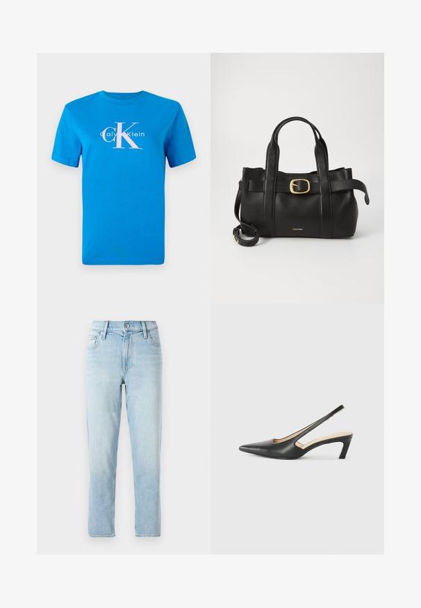 Blå bomull t-skjorte med korte ermer, prydet med en hvit Calvin Klein-logo og en stor rosa "CK" grafikk sentrert foran.; Lyseblå denimjeans, rett ben-design, midjehøyde, med fem lommer og en knappelukking foran.; Svart spiss tå slingback-sko med lav hæl, laget av jevnt skinnmateriale og med utskåret design på siden for pusteevne.; Svart lærveske med en strukturert design, doble topphåndtak, gullfarget spenneakent og preget merke-logo foran.