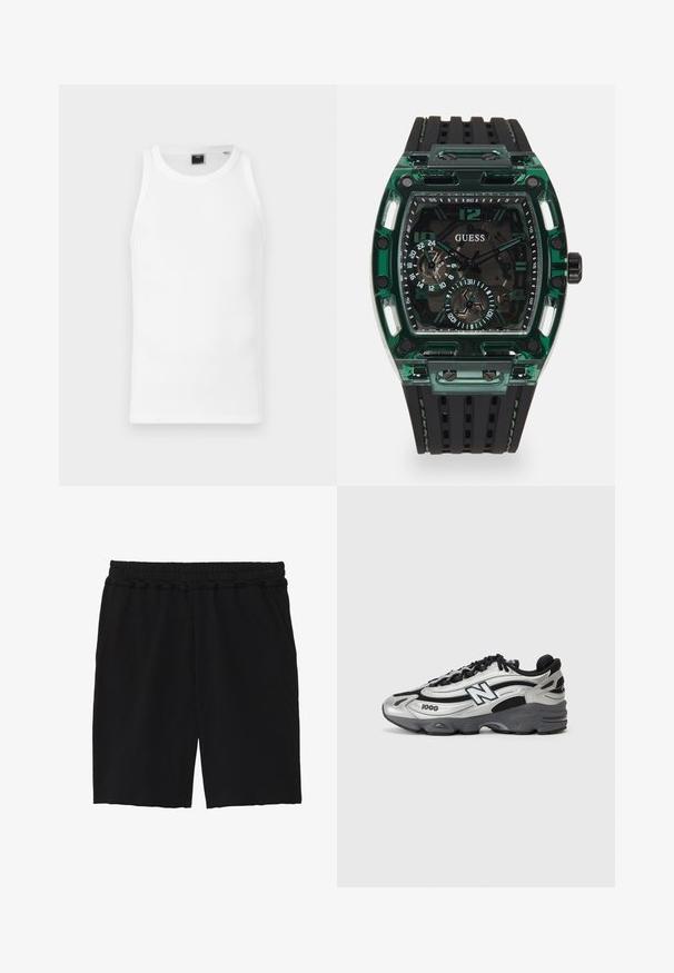 Balts kokvilnas bez piedurknēm krekls ar apaļu kakla izgriezumu, platām rokām un šauru piegriezumu. Iekšpusē kakla daļā ir etiķete. Gluda tekstūra.; Melni kokvilnas šorti ar elastīgu jostu, divām sānu kabatām, brīvu piegriezumu un neapstrādātiem maliņām, kas piešķir ikdienišķu izskatu.; Sudraba un melni sporta apavi ar acs auduma augšdaļu, mīkstinātu zoli, auklu dizainu un sānu zīmola detalizāciju.; Guess pulkstenis ar taisnstūra formas zaļu plastmasas korpusu, melnu teksturētu gumijas siksnu un vairākiem ciparnīcām ar izteiksmīgiem skaitļiem un akcentiem.