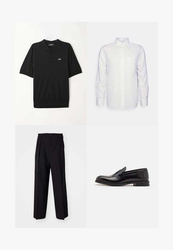 Crni polo majica s kratkim rukavima, izrađena od mekanog materijala. Sadrži gumbasti otvor i mali bijeli "D2" logo na prsima.; Duga bijela košulja od pamuka, s kragnom na dugmad, prednjim džepom i regularnim krojem. Teksturirana tkanina s glatkom površinom.; Crne plisirane hlače s ravnim širokim nogavicama. Izrađene od glatkog materijala, s dugmadi za zatvaranje i petljama za remen.; Crni kožni mokasini s glatkom teksturom, zaobljenim prstima i ukrasnom trakom preko prednjeg dijela. Niski slojeviti potplat, minimalistički dizajn.