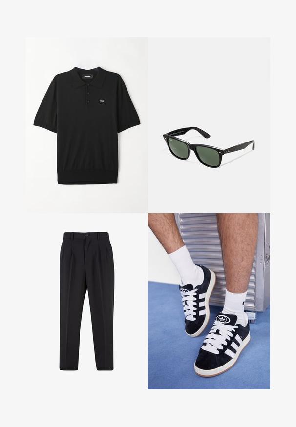 Tricou polo negru cu mâneci scurte, realizat dintr-un material moale. Dispune de un închidere cu nasturi și un mic logo alb "D2" pe piept.; Pantaloni negri cu un design față plisată, fabricați dintr-un material neted. Prezintă un închidere cu nasture și brâuri; croială dreptă.; Adidași negri din suede cu șireturi albe și trei dungi albe. Au un logo circular negru pe limbă și o talpă din cauciuc de tip gumă.; Ochelari de soare din plastic negru cu lentile verzi, rame pătrate, accent argintiu pe sprânceană și brațe texturate. Marca este menționată pe brațul interior.