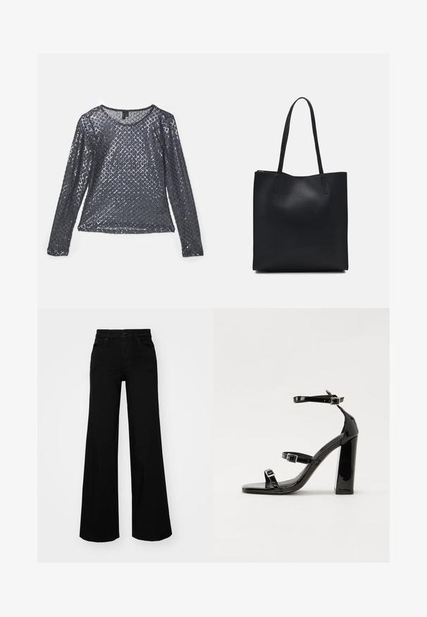 Bluză cu mânecă lungă dintr-un material gri închis, acoperită cu paiete în model diamante, cu decolteu rotund și o textură ușoară, reflectantă.; Pantaloni negri cu picioare largi, din denim, cu un brau structurat, bucle pentru curea și buzunare frontale. Textură netedă, cu un design clasic.; Sandale cu toc din patent negru, cu vârf pătrat, curele la gleznă și catarame din argint. Dispune de un toc gros pentru stabilitate.; Geantă tote neagră din piele, cu textură netedă, formă rectangulară și două mânere lungi. Fără hardware vizibil sau ornamente.