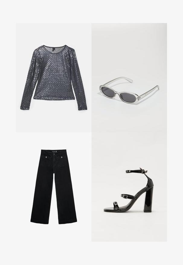 Maglietta a maniche lunghe in tessuto grigio scuro, ricoperta di paillettes a motivo diamante, con scollo rotondo e texture leggera e riflettente.; Jeans neri a gamba larga con vita alta, dotati di due tasche frontali e dettagli in metallo sui bottoni. Il tessuto ha una texture liscia.; Sandali con tacco in vernice nera, con punta squadrata, cinturini alla caviglia e fibbie in argento. Presentano un tacco a blocco spesso per maggiore stabilità.; Occhiali da sole con forma ovale, montatura in plastica trasparente, lenti grigie scure e aste sottili trasparenti con accenti di logo e dettagli minimi.; Borsa a tracolla nera in pelle con una forma curva, manico rimovibile e accessori dorati. La borsa presenta una patta con un dettaglio a fibbia.