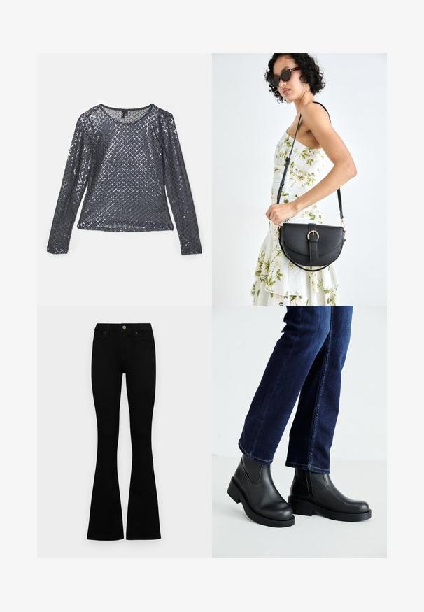 Langsleeve top van donkergrijze stof, bedekt met diamanten-patroon pailletjes, met een ronde halslijn en een lichte, reflecterende textuur.; Zwarte hoge taille jeans met een knoop- en ritssluiting, voorzakken en een flared pijp, plat gelegd op een witte achtergrond.; Zwarte leren enkelboots met een dikke zool en zij-elastische panelen, gecombineerd met donkerblauwe jeans. De grond is lichtgekleurd.; Zwarte leren handtas met een gebogen vorm, afneembare schouderband en gouden hardware. De tas heeft een klep met een gespsluiting.