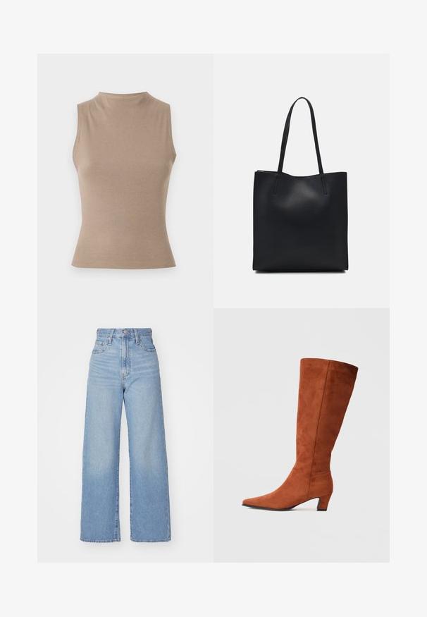 Beidzīga bez piedurknēm virsdrēbe ar augstu kakla izgriezumu, ribota tekstūra un pieguļošs dizains. Minimalistisks stils bez redzamām rotājošām detaļām.; Gaiši zili augstās jostas vidukļa platās bikses ar priekšējo pogu un rāvējslēdzēju, priekšējām un aizmugurējām kabatām uz baltā fona.; Brūni zamšveida augstie zābaki līdz ceļiem ar smailu purngalu un mazu blokveida papēdi, ar gludu tekstūru un minimālistisku dizainu.; Melnas ādas somiņa ar gludu tekstūru, taisnstūra formu un divām garām rokturiem. Nav redzamu aparatūras vai rotājumu.