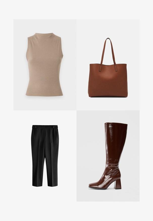 Béžový bezrukávový top s vysokým krkem, žebrovanou texturou a přiléhavým střihem. Minimalistický styl bez viditelných ozdob.; Černé zkrácené kalhoty s uvolněným fit, elastickým pasem a dvěma předními kapsami. Materiál má hladkou texturu s mírně lesklým povrchem.; Hnědé lakované kozačky do výšky kotníků se čtveratou špičkou, lesklým povrchem a robustním podpatkem pro větší stabilitu. Bezšvový design bez viditelného kování.; Hnědá kožená taška přes rameno s hladkou texturou, otevřeným designem a dvěma ramenními popruhy. Obsahuje minimální švy a žádné viditelné kovové prvky.