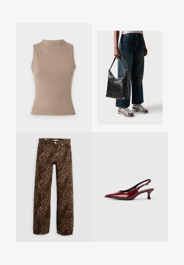 Top bege sem mangas com gola alta, textura canelada e design ajustado. Estilo minimalista sem adornos visíveis.; Calças largas de ganga com padrão de leopardo em castanho e bege. Feitas de ganga, apresentam um design clássico de cinco bolsos e detalhes em metal.; Sapatos de salto slingback em couro patente bordô, com bico pontudo e um elegante salto stiletto. Design de costas abertas com detalhe de tira ajustável no tornozelo.; Bolsa de ombro em couro preto com textura suave e alça ajustável, combinada com jeans de perna larga desbotados e ténis desportivos.
