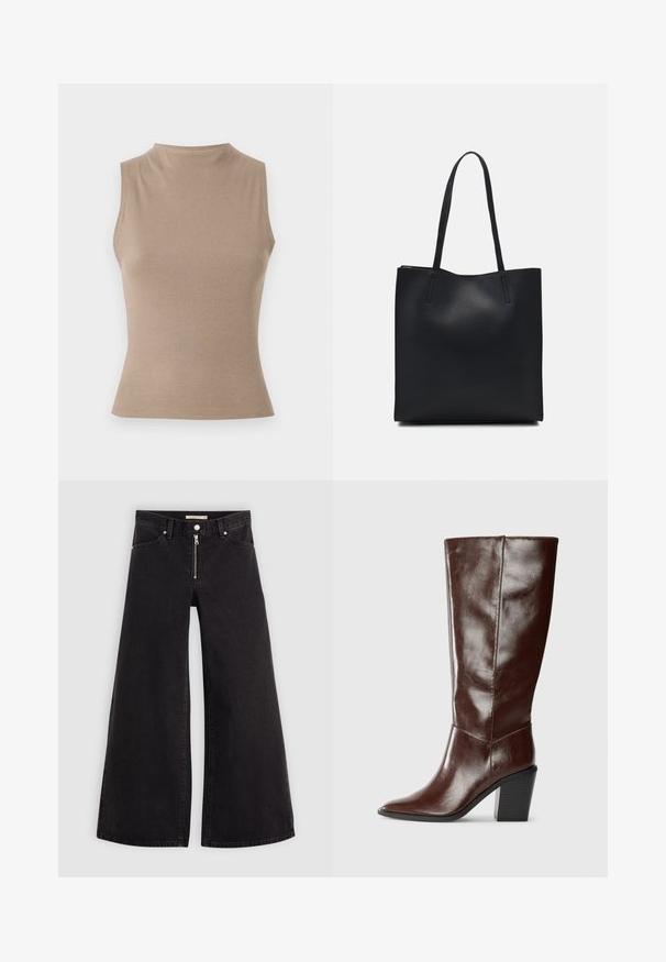 Beige ermeløs topp med høy hals, ribbestruktur og tettsittende design. Minimalistisk stil uten synlige detaljer.; Vide benbukser i sort denim med glidelås i front, fem-lomme design og subtile sømdetaljer. Glatt tekstur og avslappet stil.; Høye, mørkebrune lærstøvler med spiss tå og stablet blokkhelt, vist fra siden på en enkel bakgrunn.; Svart lær tote bag med glatt tekstur, rektangulær form og to lange håndtak. Ingen synlige deler eller dekorasjoner.