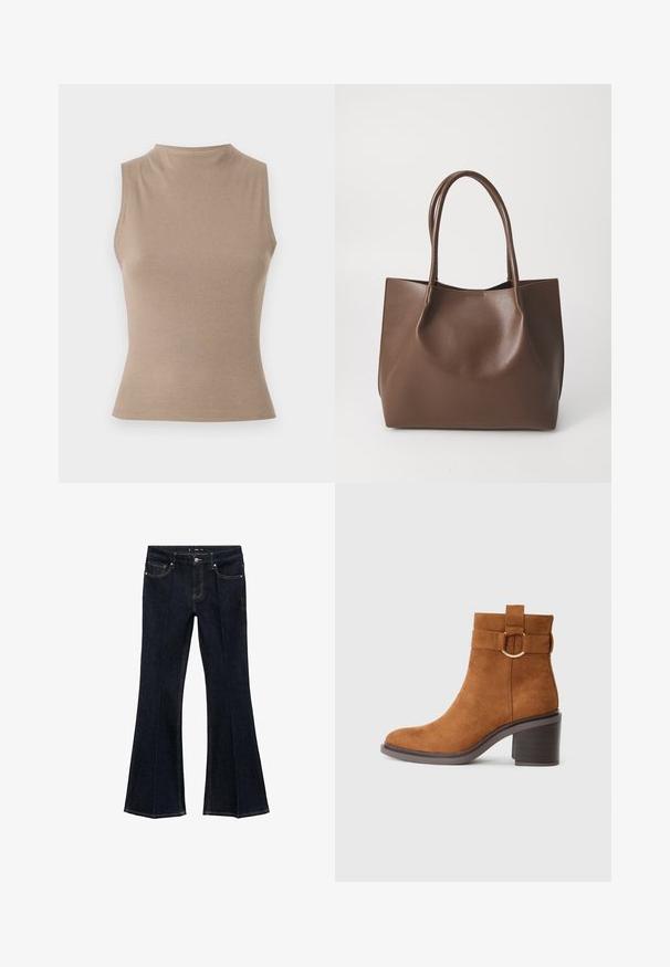 Top bej fără mâneci, cu gât înalt, textură răcoroasă și design ajustat. Stil minimalist, fără embellismente vizibile.; Jeansi din denim bleu închis, cu talie înaltă, buzunare frontale și picioare evazate, expuși plat pe un fundal alb.; Botine din suede maro, cu vârf rotunjit, toc bloc și o curea decorativă cu detaliu în formă de cataramă circulară.; Geantă tote din piele maro, cu două mânere lungi, formă structurată, textură netedă și design minimal. Fără elemente sau accente vizibile.