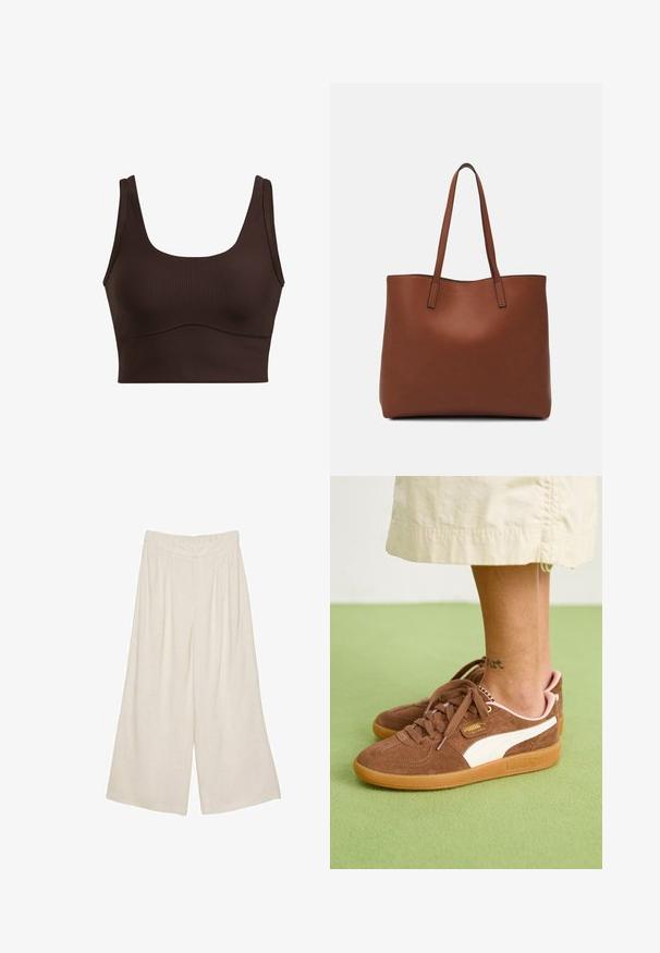 Brauner gerippter Cropped Top mit breiten Trägern, quadratischem Ausschnitt und nahtloser Verarbeitung an der Taille, mit einer glatten Textur.; Leinen-Hose mit weitem Bein in einem hellbeigen Farbton, ausgestattet mit einem plissierten Design und einem elastischen Bund für Komfort und angenehmen Tragekomfort.; Braune Wildledersneaker mit weißen Akzenten, Gummisohle und pinkem Absatz. Schnürsenkel und Markenlogo sichtbar. Ein Teil eines Fußtattoos ist zu sehen.; Braune Leder-Tote mit glatter Textur, offenem Oberteil und zwei Schulterriemen. Verfügt über minimale Nähte und keine sichtbaren Beschläge.