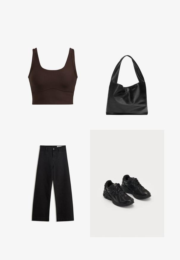 Brun ribbet crop-top med brede stropper, en firkantet udskæring og sømløs syning langs taljen, med en glat tekstur.; Sorte wide-leg denim bukser med høj talje, der har front- og baglommer, syede sømme og en knaplukning. Glat tekstur.; Sorte atletiske sko lavet af mesh og syntetiske materialer. Har en polstret sål, teksturerede mønstre og præget branding på siden.; Sort læder tote bag med et blødt, slattent design, brede håndtag og en glat tekstur. Ingen synlig hardware eller udsmykninger.