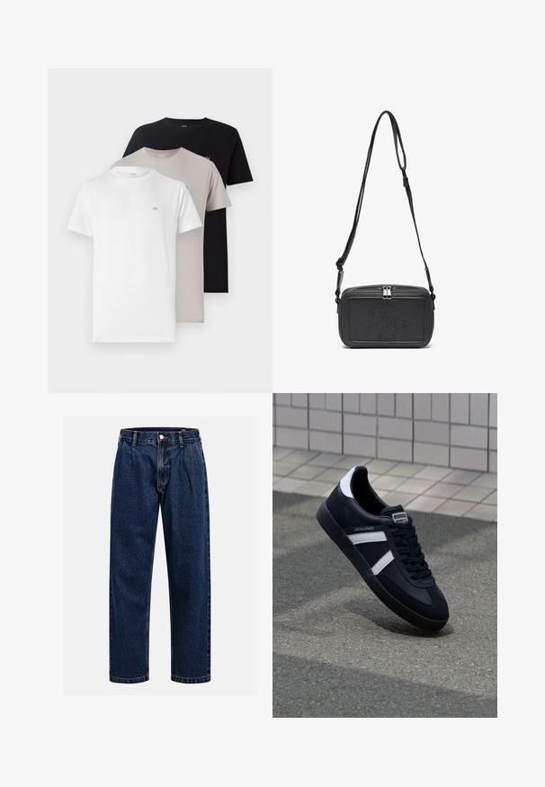 Tre crew neck t-skjorter i hvit, beige og svart, laget av mykt bomullsmateriale med en liten logo på brystet for hver farge.; Mørkeblå denimjeans med rett ben-design. Har synlige sømmer, knappestengning og frontfolder for ekstra detaljer.; Sorte lærersneaker med hvite striper, teksturert gummihæl og snøring foran. Har et merketikett på tungen.; Svart skinn crossover-veske med glidelås, preget logo på fronten og justerbar stropp. Glatt tekstur med rektangulær form.