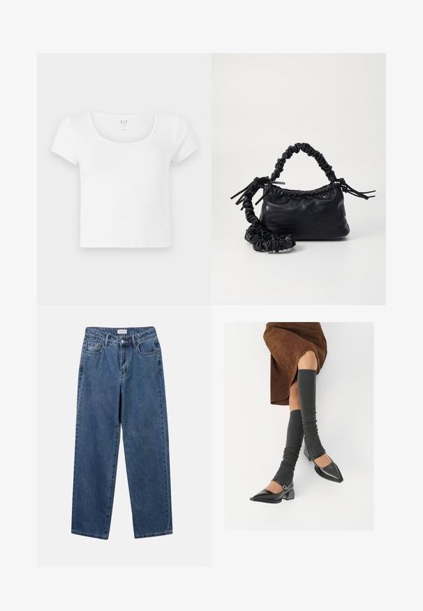 Vit kortärmad kort t-shirt i mjuk bomull, med rundad halsringning och enkel design utan mönster eller detaljer.; Klassiska blå denimjeans med rak benform, fem fickor och knäppning. Har en medelblå tvättning och stadig textur.; Svarta lackläderskor med spetsig tå, blockklack och ankelrem, i kombination med grå ribbade benvärmare och en brun mockakjol.; Svart faux läderhandväska med krokodiltextur, snodd topp och en skrämd rem. Ser mjuk och kompakt ut i designen.