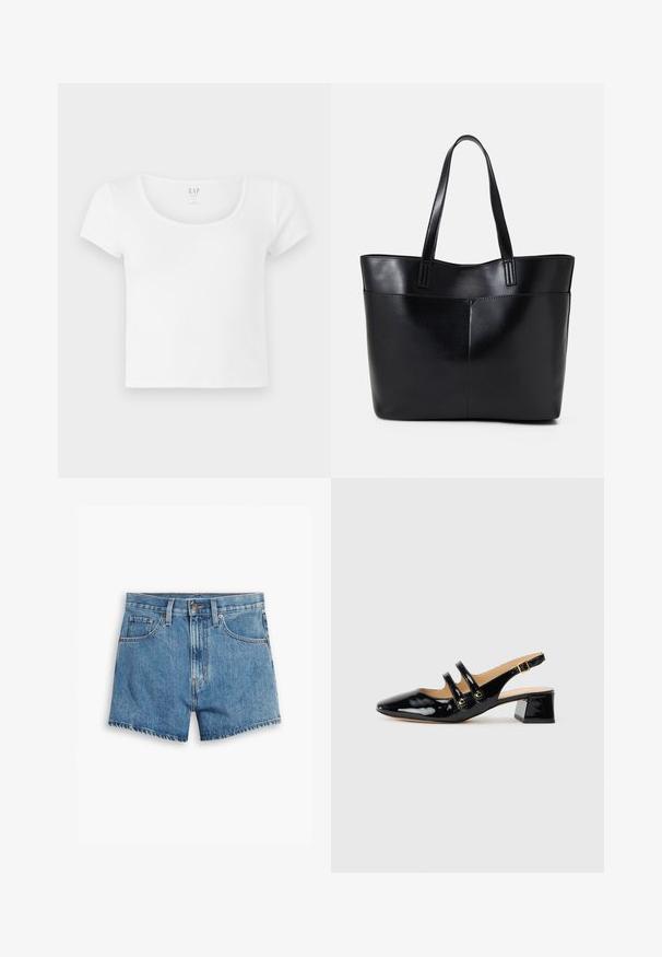 Baltas īsām piedurknēm kroptais T-krekls, kas izgatavots no mīksta kokvilnas, ar apaļu kakla izgriezumu un vienkāršu dizainu bez rakstiem vai akcentiem.; Gaiši zili džinsu šorti, kas aprīkoti ar piecām kabatām, rāvējslēdzēja aizdari un pogu aizdari. Apakšmala ir saplēsta, un izskats ir brīvs.; Melna lakotā ādas sandale ar norādītu pirkstu, divām siksnām, zelta apaļiem akcentiem un zemu bloku papēdi.; Melnas ādas iepirkumu soma ar divām garām rokturām, gludu tekstūru un strukturētu formu. Iekļauj priekšējo kabatu papildu uzglabāšanai.