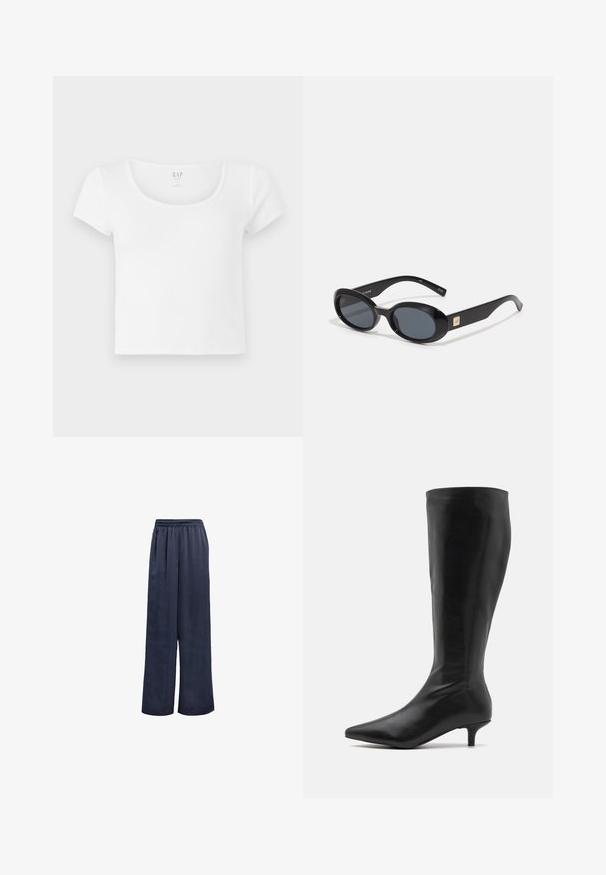 White short-sleeve cropped t-shirt made of soft cotton, featuring a rounded neckline and simple design without patterns or accents.; Navy wide-leg trousers made of smooth fabric with an elastic waistband and no visible hardware. Features a relaxed fit and full-length design.; RAID ALPINE - Boots - black; Black oval sunglasses with dark lenses, glossy plastic frame, wide arms, and a small gold accent on one side.; Black tote bag made of canvas, featuring white text "SAM SøE" printed on both sides. Rectangular shape with sturdy handles and a matte finish.