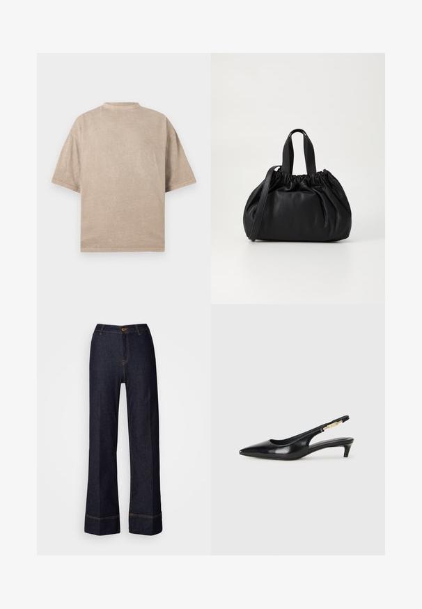 Preveliki bež majica s okruglim izrezom, kratkim rukavima i teksturiranom završnom obradom. Jednostavan dizajn bez uzoraka ili akcenata.; Tamne hlače širokog kroja od tamnog trapera s visokim strukom, koje imaju prednje zatvaranje na dugme i narančaste šavove. Cjelokupna površina je glatka.; Crne kožne sandale s petom, s izduženim vrhom, imaju usku petu i zlatni akcent na podesivoj traci. Glatka tekstura.; Crna kožna torba s nabranim dizajnom na vrhu, s dva kratka ručka i dugim podesivim remenom. Glatka tekstura, zaobljen oblik.