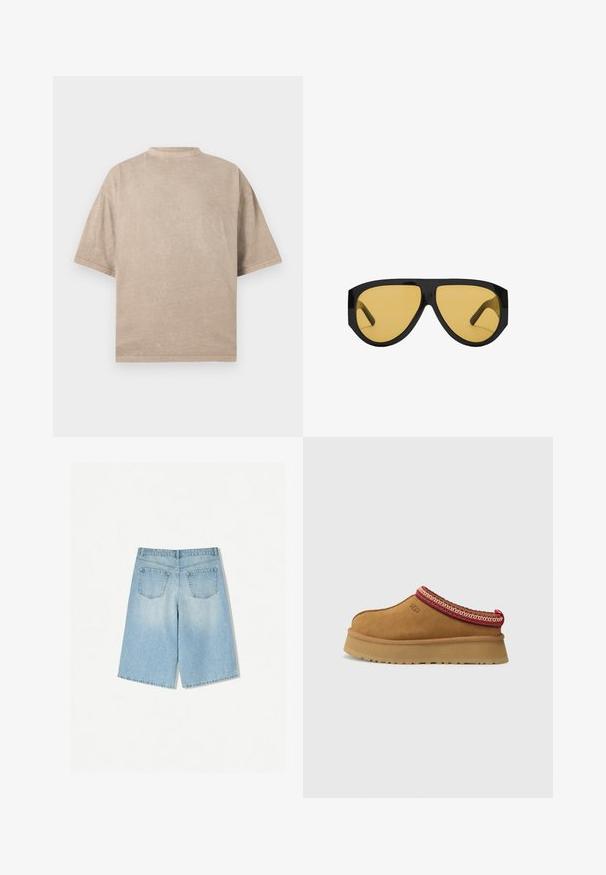 Przesadnie duża beżowa koszulka z okrągłym dekoltem, krótkimi rękawami i teksturowanym wykończeniem. Prosty design bez wzorów czy akcentów.; Jasnoniebieskie szorty dżinsowe o luźnym kroju, wyposażone w dwie tylne kieszenie oraz prostą nogawkę. Czysty brzeg i miękka faktura.; Brązowy zamszowy but wsuwany z czerwono-kremowym ozdobnym wykończeniem, teksturowaną podeszwą i logo UGG z boku. Posiada lekko podwyższone podłoże.; Okulary przeciwsłoneczne z elegancką, czarną plastikową oprawką i żółtymi soczewkami, o wyraźnym kanciastym kształcie i szerokich zausznikach dla dodatkowej ochrony.; Spleciona torebka w odcieniu brązowym z zaokrąglonym uchwytem, wykonana z miękkiej skóry. Posiada zamek błyskawiczny oraz misterny wzór plecionki.