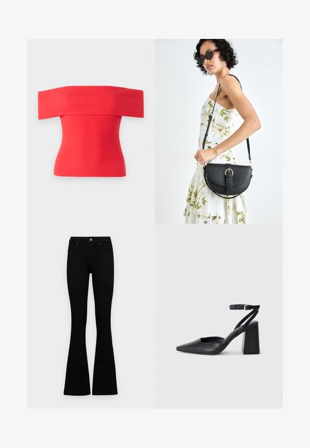 Rdeča rebrovana majica brez naramnic, prilegajoča zasnova, gladka tekstura, kratki rokavi in širok izrez. Idealen za nošenje v toplem vremenu.; Črne visokotopne kavbojke z gumbom in zadrgo, sprednjimi žepi in razširjenimi hlačnicami, poleg bel background.; Črne usnjene klasične čevlje z ostrim nosom, z zaponko za gleženj in debelim peto. Ravna tekstura, eleganten dizajn in minimalistična estetika.; Črna usnjena torbica s ukrivljeno obliko, z odstranljivo naramnico in zlatimi dodatki. Torbica ima pokrov s podrobnostmi v obliki zaponke.