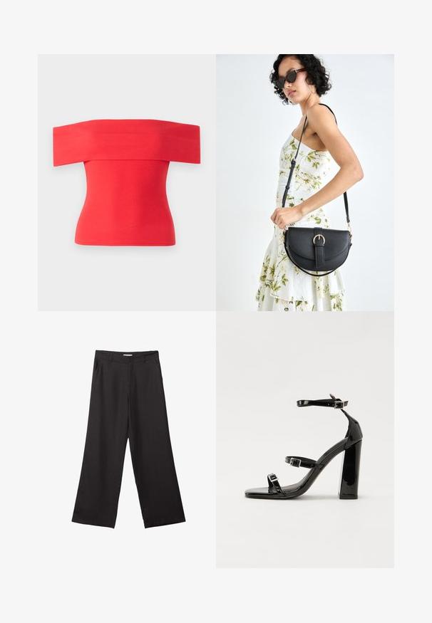 Červený elastický top bez ramienok, priliehavý strih, hladká textúra, krátke rukávy a široký výstrih. Ideálny na nosenie v teplom počasí.; Čierne široké nohavice vyrobené z hladkej tkaniny, so zipsom vpredu a dvoma bočnými vreckami, s prispôsobeným strihom a minimalistickým dizajnom.; Čierne lakované sandále na podpätku so štvorcovou špičkou, navlečenými remienkami okolo členku a striebornými prackami. Disponujú masívnym blokovým podpätkom pre stabilitu.; Čierna kožená kabelka s zaobleným tvarom, odnímateľným popruhom a zlatými doplnkami. Kabelka má klopu s detailom s prackou.