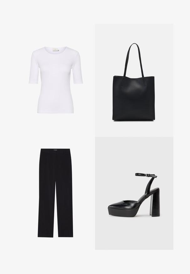 Weißes tailliertes T-Shirt aus glattem Stoff, mit rundem Ausschnitt und kurzen Ärmeln, ohne sichtbare Muster oder Akzente.; Schwarze Corduroyhose mit geradem Schnitt, flachem Bund und ohne sichtbare Taschen, glatte Textur und vertikale Rippendetails.; Schwarze Plateau-High Heels mit spitzem Zeh und verstellbarem Knöchelriemen. Gefertigt aus glattem Leder und mit einem klobigen Blockabsatz.; Schwarze Laptoptasche aus Leder mit glatter Textur, rechteckiger Form und zwei langen Griffen. Keine sichtbaren Beschläge oder Verzierungen.