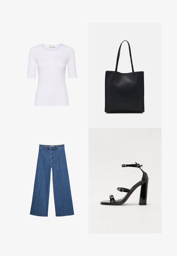 White fitted t-shirt made of smooth fabric, features a round neckline and short sleeves, with no visible patterns or accents.; Wide-leg denim jeans in medium blue, featuring a high waist, button closure, and contrasting vertical seam details along the front.; Black patent heeled sandals with a square toe, ankle straps, and silver buckles. Features a chunky block heel for stability.; Black leather tote bag with smooth texture, rectangular shape, and two long handles. No visible hardware or embellishments.