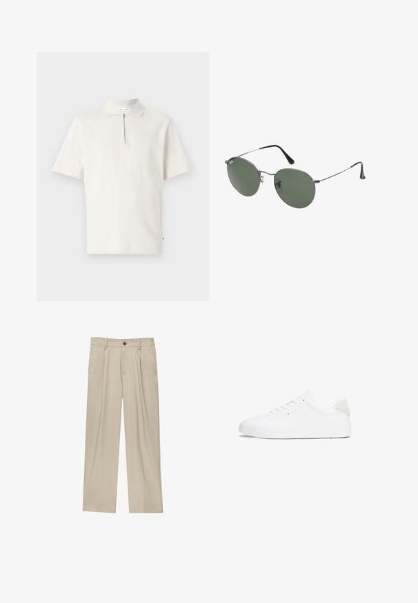 Polo shirt met korte mouwen in off-white, met een ritssluiting bij de hals. Gemaakt van zachte stof, met een strakke, minimalistische uitstraling en zonder zichtbare patronen.; Beige broek met een rechte snit, voorzien van een enkele zwarte knoop, riemlussen en zijzakken. Glad stoffen textuur en een minimalistisch ontwerp.; Witte sneaker met een glad leren bovenwerk, ronde neus, platte zool en een minimalistisch ontwerp. Voorzien van subtiele branding en een beige accent op de hak.; Metalen zonnebril met ovale groene lenzen. Dunne zilveren metalen rand en zwarte oorstoppers. Minimalistisch ontwerp, zonder zichtbare logo's.