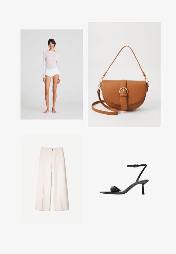 Valkoinen pitkähihainen paita, jossa on teksturoitu timanttikuosi, yhdistettynä valkoisiin shortseihin; molemmat vaatteet ovat vartalonmyötäisiä ja valmistettu pehmeästä kankaasta.; Kerman leveletut housut räätälöidyllä designilla, joissa on kaksi etutaskua ja yksi etunapituksilla, valmistettu sileästä kankaasta.; Bershka Korolliset sandaalit - black; Ruskean nahkainen olkalaukku, jossa on kaareva muoto, kultaiset yksityiskohdat ja solkiyksityiskohta. Varustettu irrotettavalla olkahihnalla.
