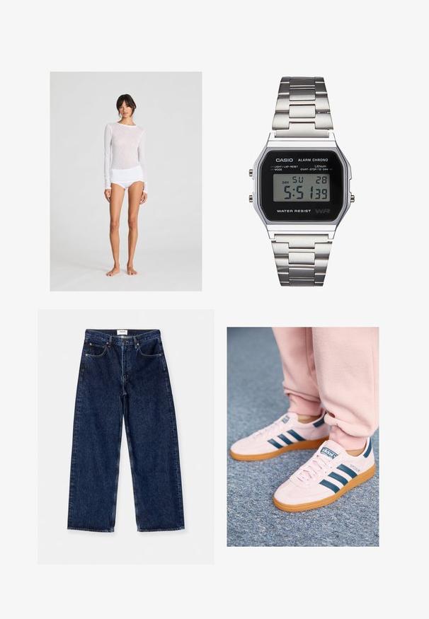 Top alb cu mâneci lungi, cu un model texturat în formă de diamant, purtat cu pantaloni scurți albi; ambele articole sunt ajustate și realizate dintr-un material moale.; Blugi de denim bleu închis, cu picioare largi, care prezintă o talie înaltă, buzunare frontale și o textură netedă cu accente subtile de cusături.; Sneakers din suede roz deschis cu dungi din piele albastru închis și o talpă gumară. Caracteristicile includ șireturi plate și branding pe lateral și pe limbă.; Ceas digital Casio cu un cadran negru, brățară din oțel inoxidabil argintiu, carcasă rectangulară și butoane pentru lumină, resetare tură și ajustări de mod.