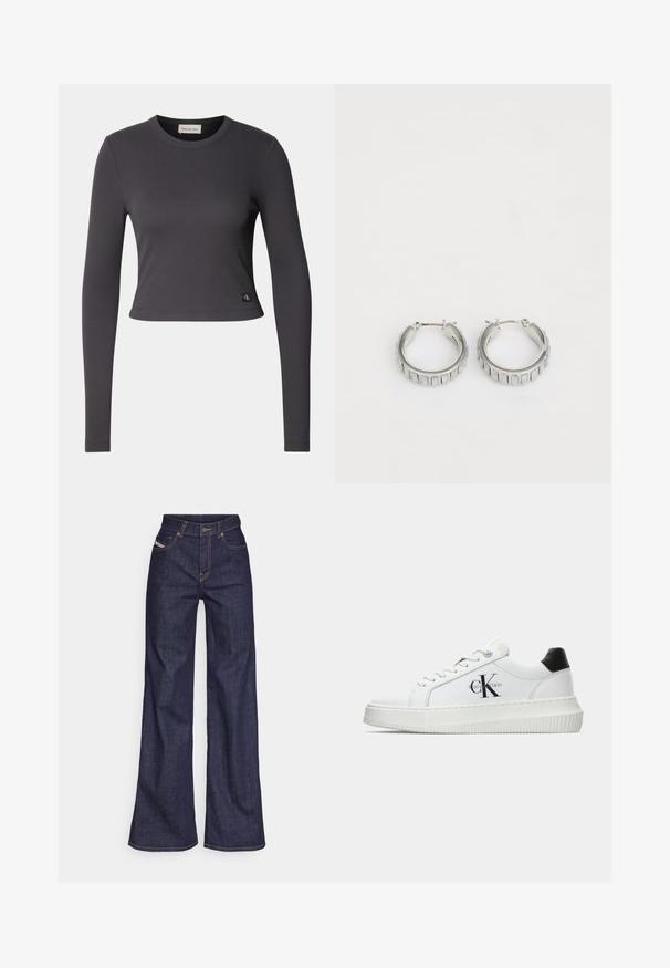 Pitkähihainen, lyhyt toppi tummanharmaasta ribbitextuurista, jossa on pyöreä kaula-aukko ja pieni logopatchi helmassa. Silkkinen pinta, tiukka malli.; Tummansiniset leveälahkeiset farkut denimmateriaalista, joissa on korkea vyötärö. Niissä on oranssit tikkaus, viisi taskua ja napitus.; Valkoiset matalat tennarit, joissa on musta kantapää, alustasolki, nauhat ja Calvin Kleinin "CK" logo sivuilla.; Hopeissa on tekstuuri, jossa on pystysuorat urat. Ympyrän muoto ja turvallinen lukko. Sileä pinta.