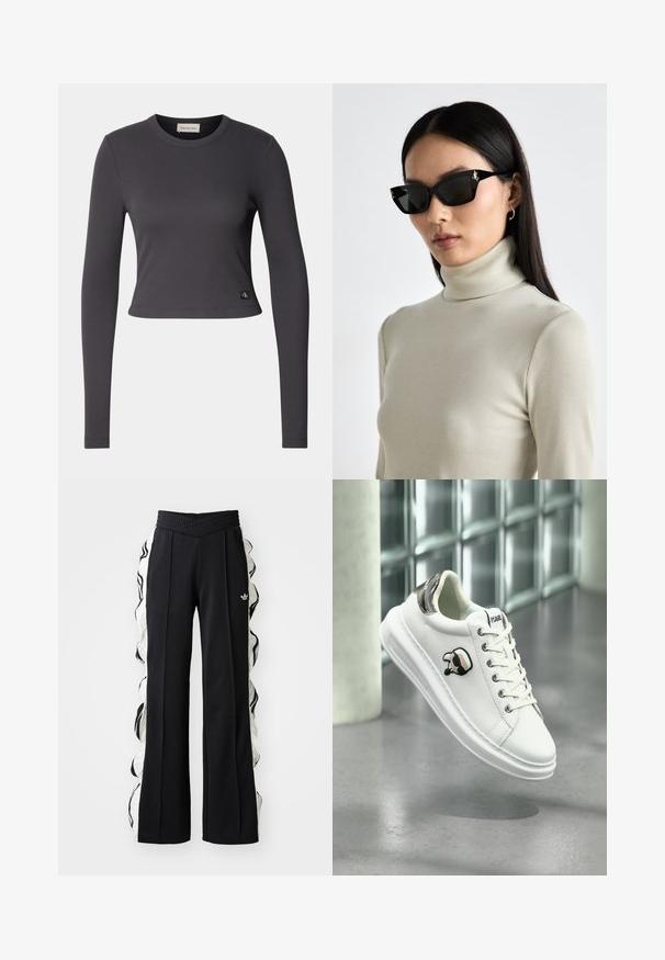 Pikad varrukad, lühikeseks lõigatud tumesinise ribakanga topis ümmargune kaelus ja väike logopatch äärtes. Sile tekstuur, parajalt liibuv disain.; Mustad mustlus püksid struktuurse vöökohaga, valgete külgpaneelide ja volangidega detailidega, ning esiosas brodeeritud logo.; Valge Karl Lagerfeldi sneaker, millel on lukk, must ja beež logo silt ning metallik hõbedane kanna sild, hõljuv halli põranda kohal.; Mustad mustad prillid paksude raamidega, millel on kuldsed detailid. Mudel kannab heledat beeži soonilise kõrge kaelusega toppi.