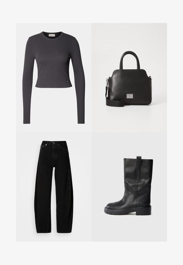 Long-sleeve, cropped top in dark gray ribbed fabric with a round neckline and a small logo patch at the hem. Smooth texture, fitted design.; Black denim wide-leg trousers with a high waist, featuring a button fly, five pockets, and minimal stitching details.; Black leather knee-high boots with a sleek design, featuring a thick sole and a side pull tab for easy wear. Notable stitching accents.; Black synthetic handbag with top handles, detachable shoulder strap, rounded shape, smooth texture, and silver logo accent on the front.