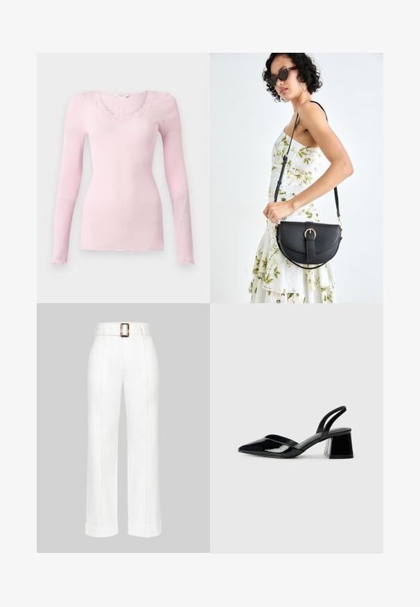 Top lung cu mânecă lungă, roz, cu decolteu în V și margine din dantelă cu volan. Textură moale, formă ajustată și tiv drept.; Pantaloni albi cu picioare largi, din bumbac. Prezintă o talie înaltă cu o cataramă mare dreptunghiulară și detalii cusute pe lungimea picioarelor.; Pantofi cu toc slingback din piele lacuită neagră, cu vârf ascuțit și toc geometric. Prezintă un design elegant, minimalist și o textură netedă.; Geantă din piele neagră, cu o formă curbată, curea detașabilă și accesorii aurii. Geanta are un capac cu un detaliu tip cataramă.