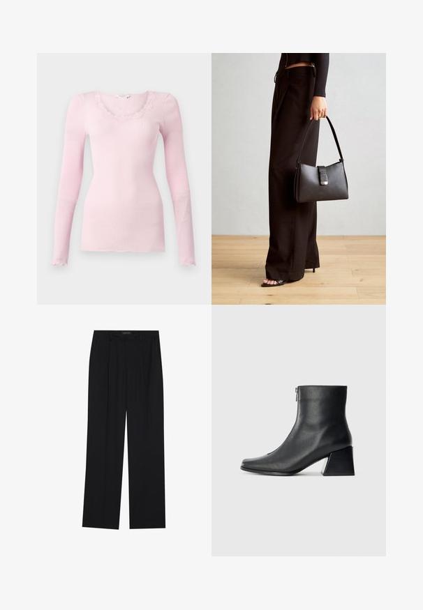 Roosa ribadega pikkade varrukatega topp V-kaelusega ja sakiliste pitsdetailidega. Pehme tekstuur, istuv lõige ja sirge alläär.; Mustad püksid sirgjoonelise disainiga, millel on kaks esist taskut ja muudatus. Valmistatud siledast, kergekaalulisest kangast.; Must musta ankle bot, mille ruudukujuline varvas, külgriiv ja plokk-konts, heledal taustal.; Must musta kott, millel on struktureeritud kuju, sile tekstuur ja metallist klamber. Kombineeritud laiate mustade pükstega ja avatud varvaste sandaalidega puidust põrandal.